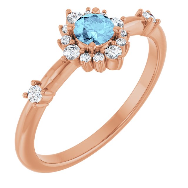 14K Rose Natural Aquamarine & 1/6 CTW Natural Diamond Halo-Style Ring 